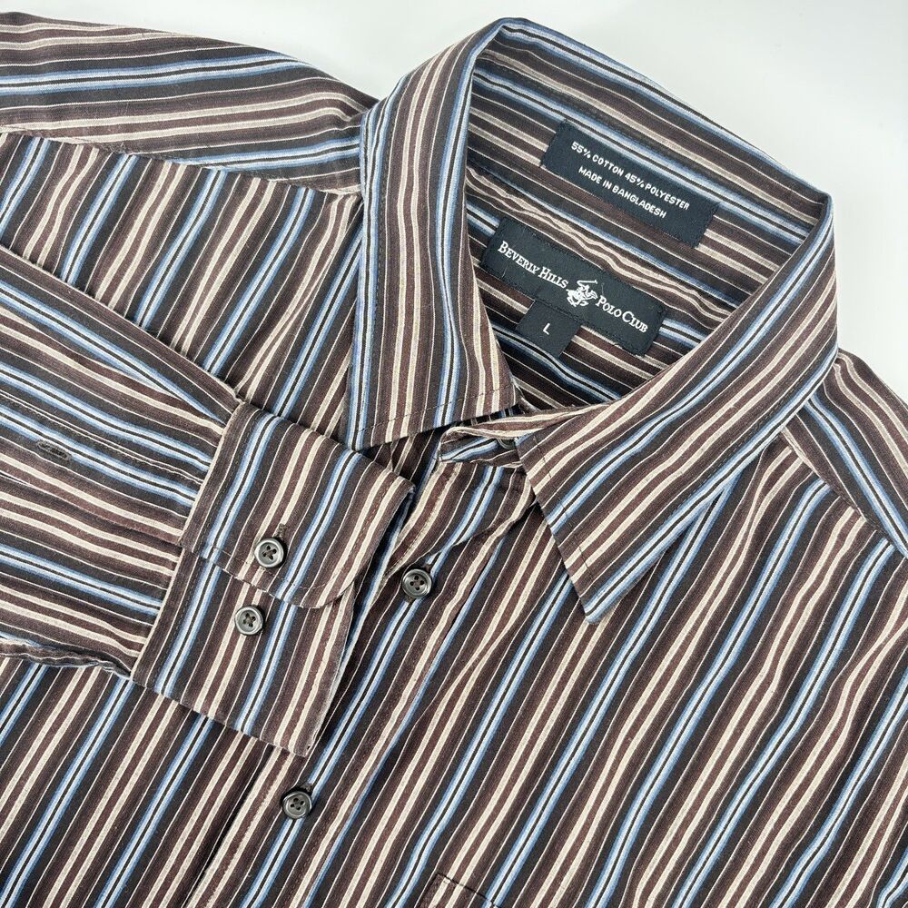Beverly Hills Polo Club Men's L Striped Long Sleeve Button Up Shirt
